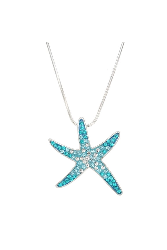 Starfish Pendant Necklace Earring Rhinestone Crystal Rhodium Plated 17 Inch Snake Chain J0648