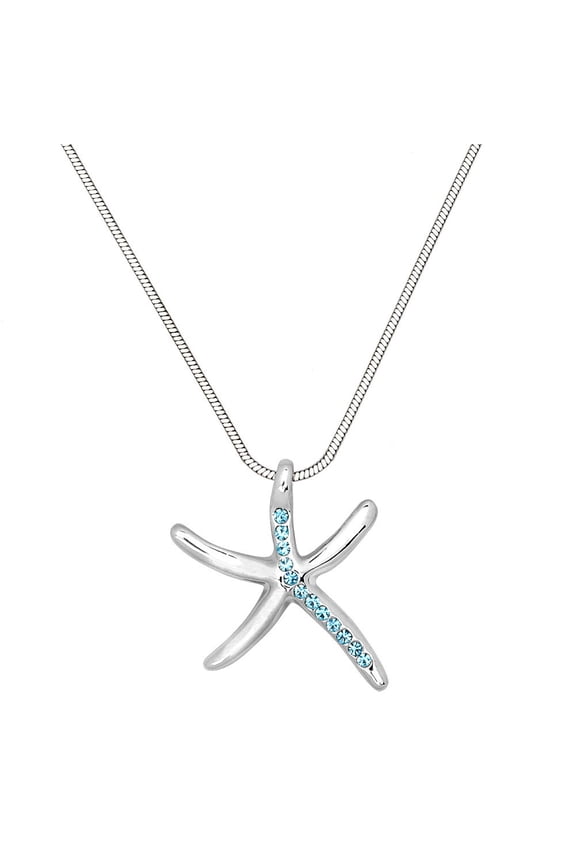 Starfish Pendant Necklace Earring Rhinestone Crystal Rhodium Plated 17 Inch Snake Chain J0870-AQ