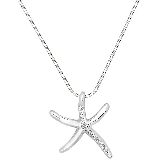 Starfish Pendant Necklace Earring Rhinestone Crystal Rhodium Plated 17 Inch Snake Chain J0870-CR