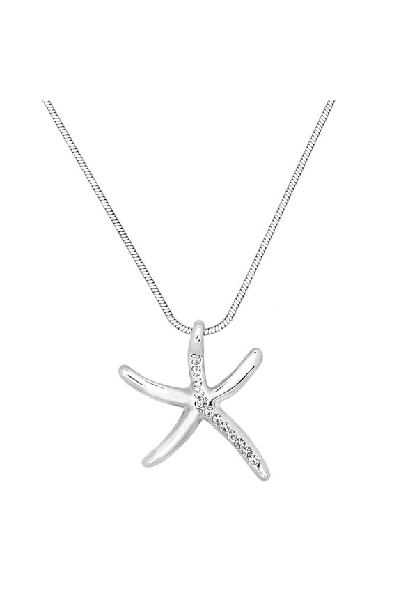 Starfish Pendant Necklace Earring Rhinestone Crystal Rhodium Plated 17 Inch Snake Chain J0870-CR