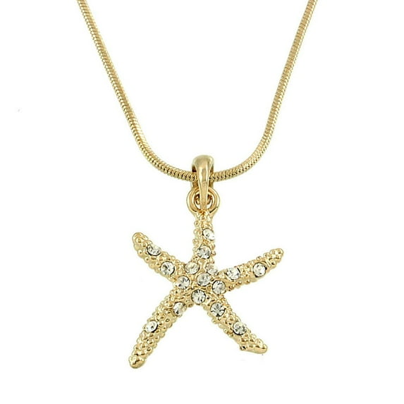 Starfish Pendant Necklace Rhinestone Crystal Rhodium Plated 17 Inch Snake Chain J0139-GOLD