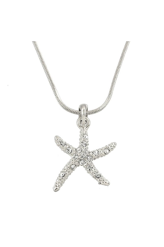 Starfish Pendant Necklace Rhinestone Crystal Rhodium Plated 17 Inch Snake Chain J0139-RH