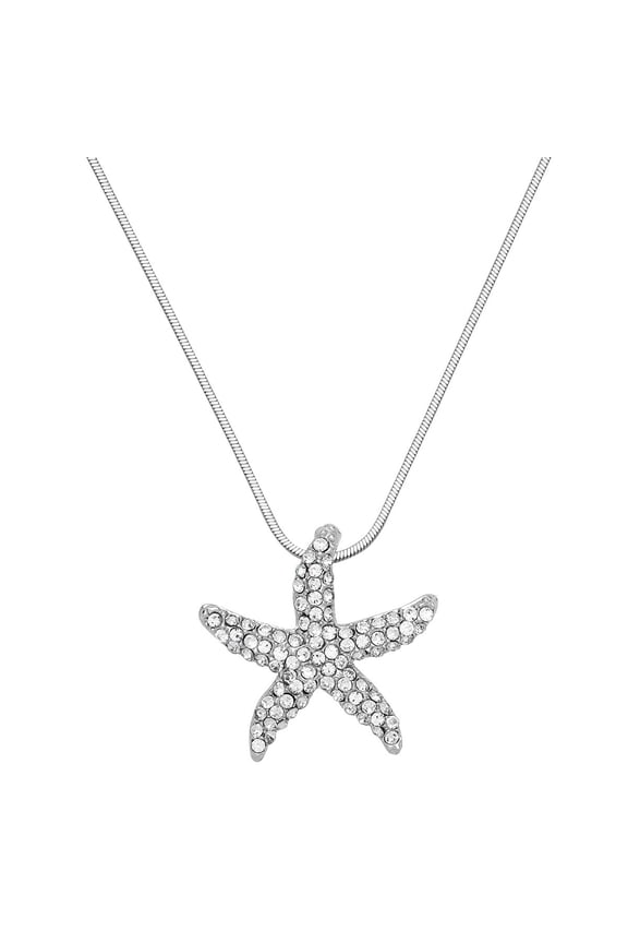 Starfish Pendant Necklace Rhinestone Crystal Rhodium Plated 17 Inch Snake Chain J1082-CR