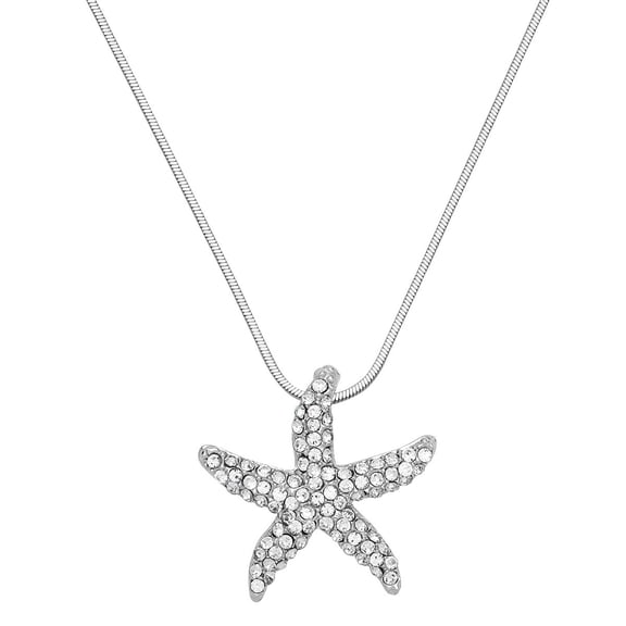 Starfish Pendant Necklace Rhinestone Crystal Rhodium Plated 17 Inch Snake Chain J1082-CR