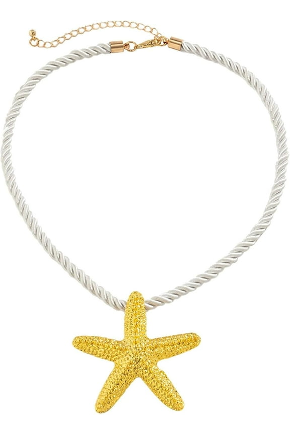 Starfish Pendant, Ocean Style Beach Party Jewelry, Summer Vacation Bohemian Woven Rope Necklace, Surfer Gift (Gold)