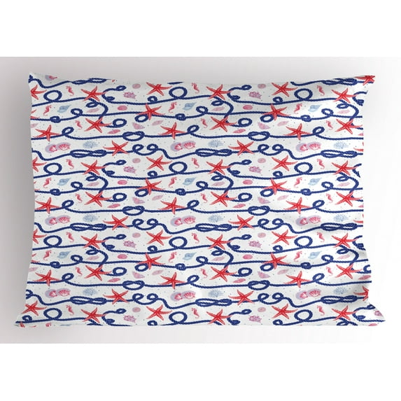 Starfish Pillow Sham Nautical Pattern with Navy Marine Rope Red Starfish Shells Scallops Seahorses, Decorative Standard Size Printed Pillowcase, 26 X 20 Inches, Multicolor, by Ambesonne