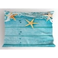 thumbnail image 1 of Starfish Pillow Sham Rustic Wood Boards Fishing Net and the Ocean Animals Nautical Print, Decorative Standard Size Printed Pillowcase, 26 X 20 Inches, Turquoise White Orange, by Ambesonne, 1 of 2