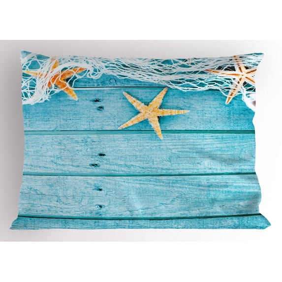 Starfish Pillow Sham Rustic Wood Boards Fishing Net and the Ocean Animals Nautical Print, Decorative Standard Size Printed Pillowcase, 26 X 20 Inches, Turquoise White Orange, by Ambesonne