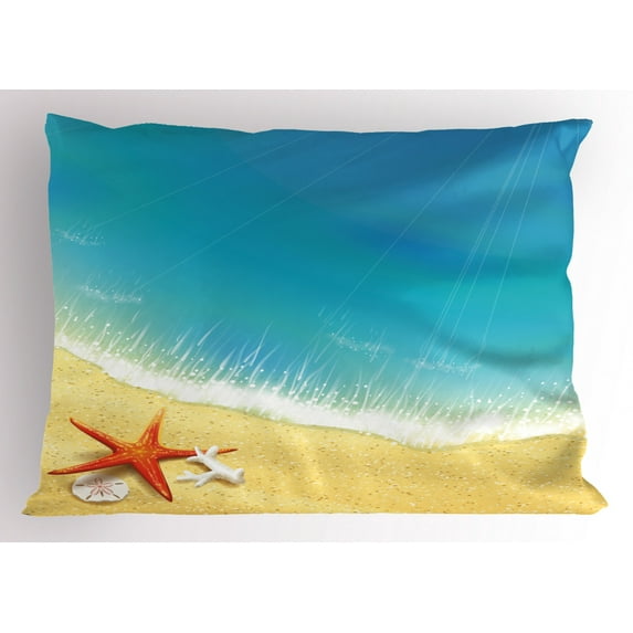 Starfish Pillow Sham Seashore View Waves on Sandy Beach Caribbean Paradise Summer Season Illustration, Decorative Standard Queen Size Printed Pillowcase, 30 X 20 Inches, Multicolor, by Ambesonne