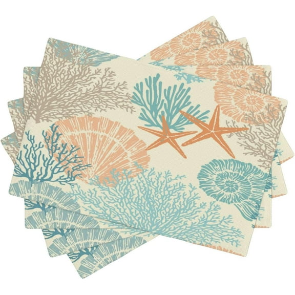 Starfish Place Mats for Kitchen Table Coastal Style Summer Beach Theme Seasonal Linen Placemats Set of 4 Watercolor Yellow Coral Shells Dinner Mats 12"x18"