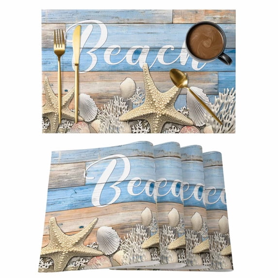 Starfish Placemats Set of 12, Blue Brown Ocean Shell Coral Farmhouse Placemats for Dining Table, Place Mats for Kitchen Tabletop, Waterproof Wipeable Dining Table Mats Set