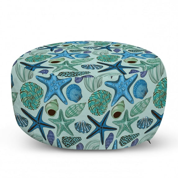 Starfish Pouf Cover with Zipper, Aquarium Inspired Composition Tropical Seashells and Scallops Cockles and Clams, Soft Decorative Fabric Unstuffed Case, 30" W X 17.3" L, Multicolor, by Ambesonne