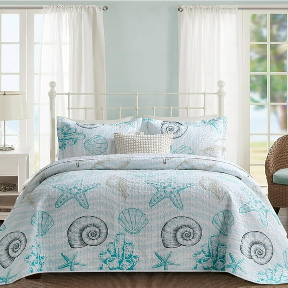 Starfish Queen Quilt Set - Soft Microfiber Lightweight 3-Piece for All Season (1 Quilt, 2 Pillow Shams)