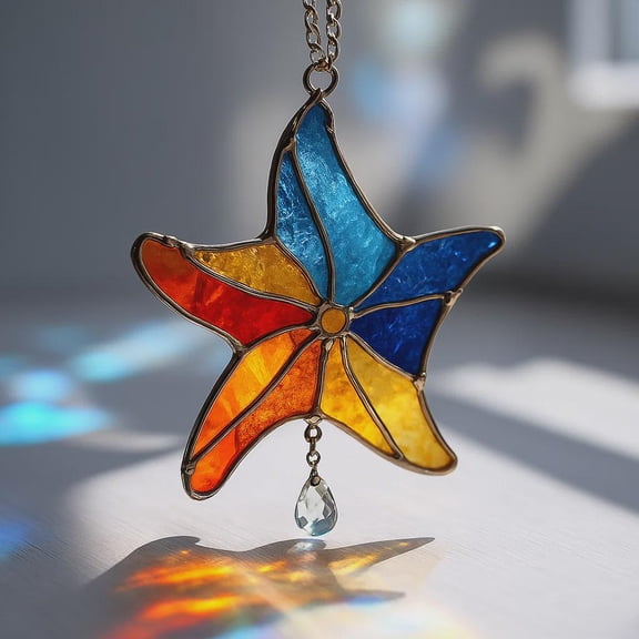 Starfish Real Wavy Acrylic Window Hanging With Blue Crystal Drop Ocean Suncatcher Handmade Nautical Decor Gift For Her Or Beach Home