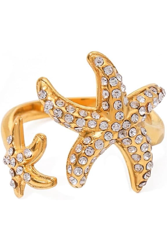 Starfish Ring for Women 18K Gold Plated Adjustable Open Band Cubic Zirconia Sea Star Statement Ring Hypoallergenic Stainless Steel Trending Aesthetic Beach Jewelry for Summer Vacation Daily Wear