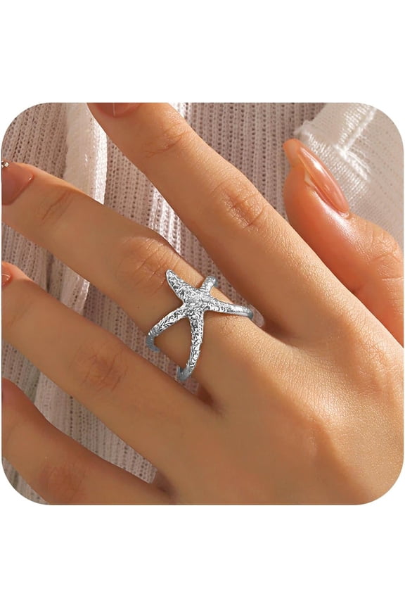 Starfish Ring for Women Gold Silver Starfish Statement Rings Adjustable Minimalist Irregular Textured Beach Rings Summer Beachy Ocean Jewelry