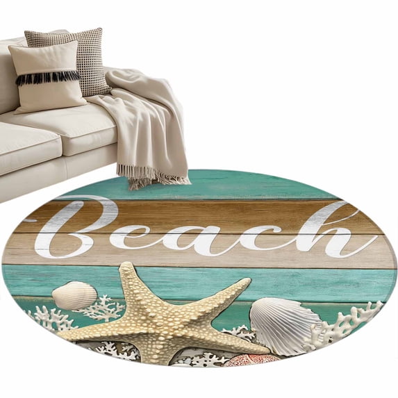 Starfish Round Area Rug 4 FT, Non Slip Indoor Outdoor Rug, Coastal Coral Ocean Teal Green Brown Wood Grain Washable Soft Circular Carpet Non-Shedding Floor Mat for Coffee Table Nursery Foyer Balcony