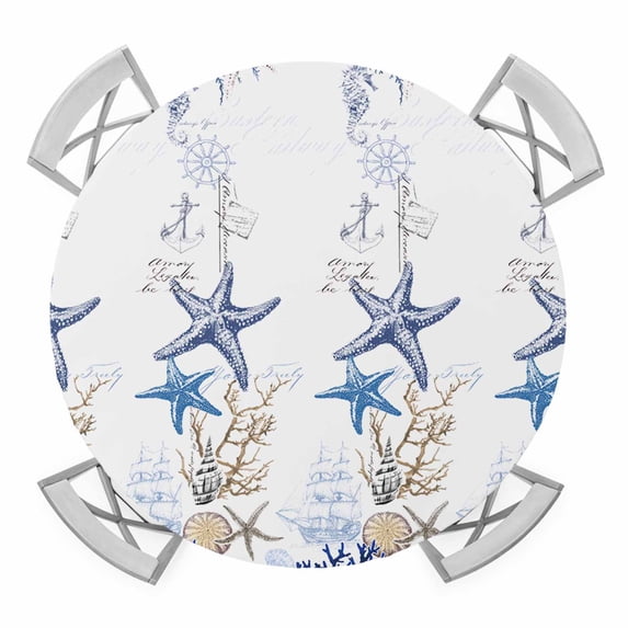Starfish Round Tablecloth for 36-44 Inch Tables,Fitted Table Cover with Elastic Edge,Blue Ocean Coastal Coral Shell Nautical Boat Waterproof Outdoor Table Cloth Protector for Patio Garden Dinner