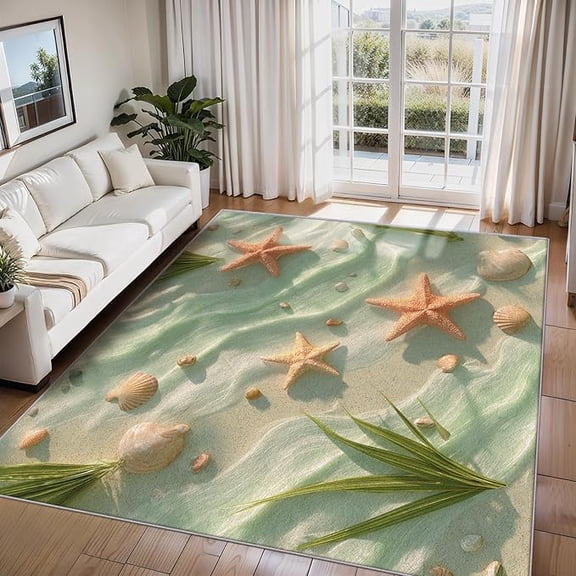 Starfish Rug, Ocean Sea Wave Grass Area Rugs for Living Room Bedroom Kitchen, Starfish Home Decor Carpet, Washable, Non Slip, Soft, Low Pile 1x2ft