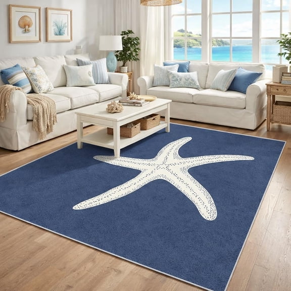 Starfish Rugs for Entryway - Nautical Rug, 3x4 Rug, Navy Blue Coastal Area Rugs, Beach House Marine Life Door Mat, Washable & Non Slip & Soft Small Carpet Home Decor