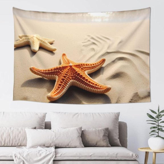 Starfish on Sand Beach Landscape Wall Tapestry, Aesthetic Boho Vertical Wall Hanging, 60 x 40 Inch Decorative Poster Flag for Bedroom or Living Room Decor