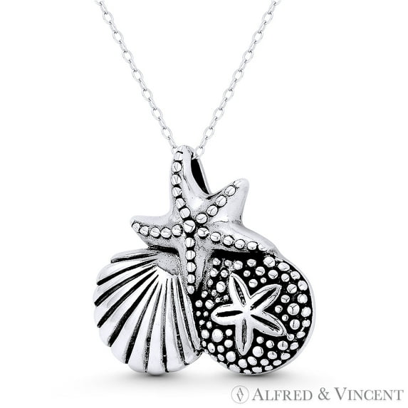 Starfish, Sand Dollar, & Clam Charm 24x25mm (0.9x1in) Pendant & Chain Necklace in Oxidized .925 Sterling Silver