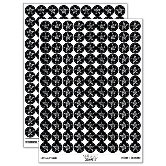 Starfish Sea Star 200+ Round Stickers - Black - Matte Finish - 0.50" Size