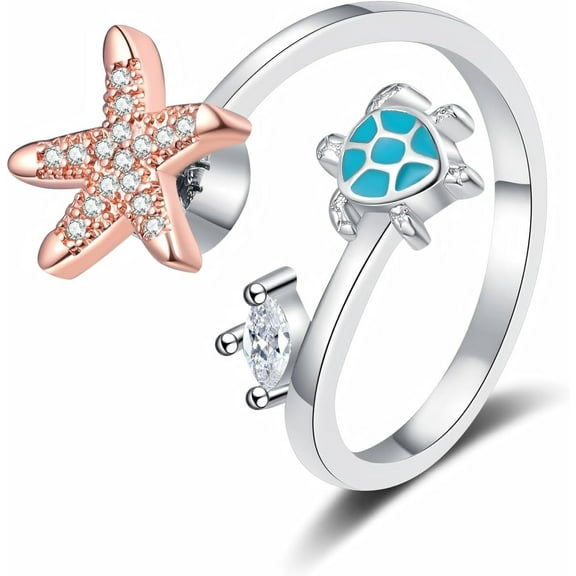 Starfish Sea Turtle Fidget RingAnti Anxiety Fidget Spinner Ring Copper Anxiety Relief Items Summer Beach Rings for Women