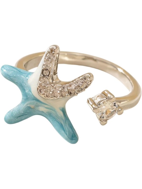 Starfish Sea Turtle Open Ring,CZ Zircon Sea Star Finger Rings Adjustable Crystal Rings Enamel Stackable Ring Summer Beach Jewelry for Women