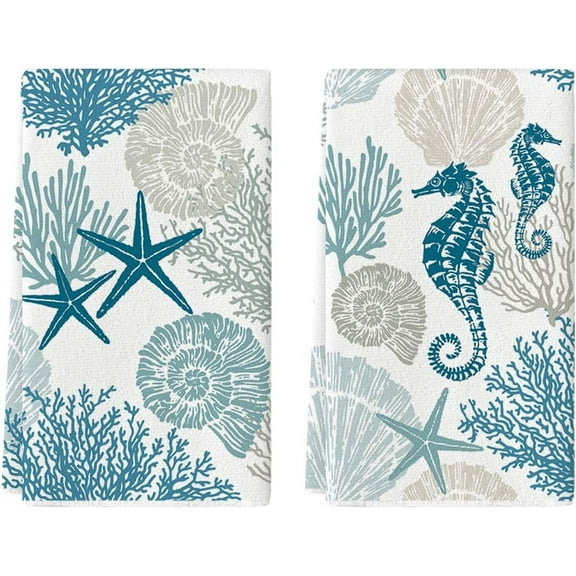 Starfish Seahorses Coral Summer Kitchen Towels Dish Towels, 18x26 Inch Seasonal Summer Decoration Hand Towels Set of 2