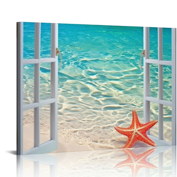 Starfish Seashell Beach Bathroom Wall Art Coastal Beach Pictures Wall Decor Blue Sea Window View Canvas Painting Artworks Wall Decor Framed for Living Room Bedroom 20x16 in/16x12 in