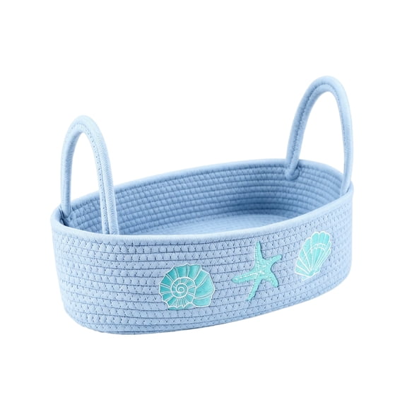 Starfish Seashell Embroidery Cotton Rope Storage Basket with Handles, 12.99x5.91x3.94 Inch Woven Organizer for Bathroom Toilet Tank Top Countertop Coastal Home Decor