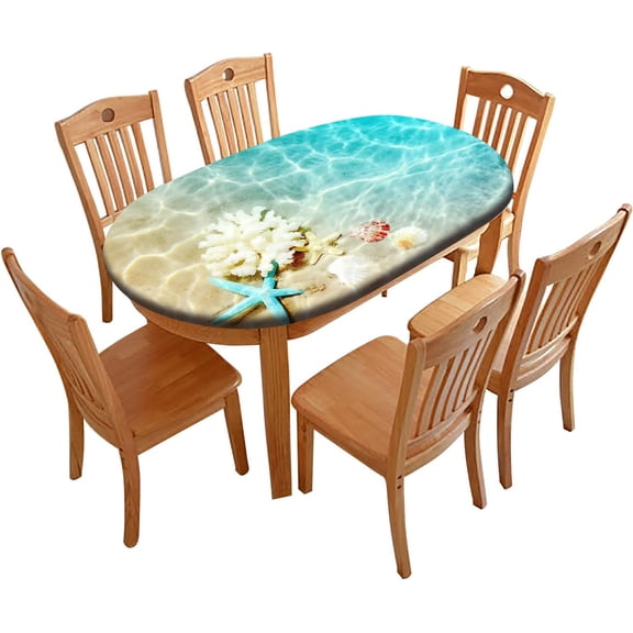 Starfish Seashell Fitted Tablecloth Oval, Summer Beach Coral Oil-Proof Elastic Edged Table Cover - Fits Tables up to 48*68L, for Outdoor Picnic Party or Indoor Kitchen Dinner Use, Blue