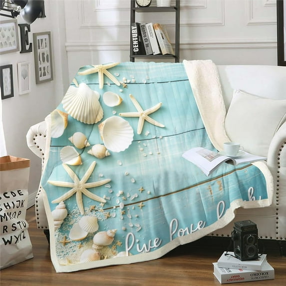 Starfish Seashell Fleece Blanket,Conch Sea Shell Sherpa Blanket Coastal Animal Blanket Baby Size Retro Rustic Farmhouse Throw Blanket for Couch Sofa Teal Wooden Striped Plush Blanket Kids Boys Girls