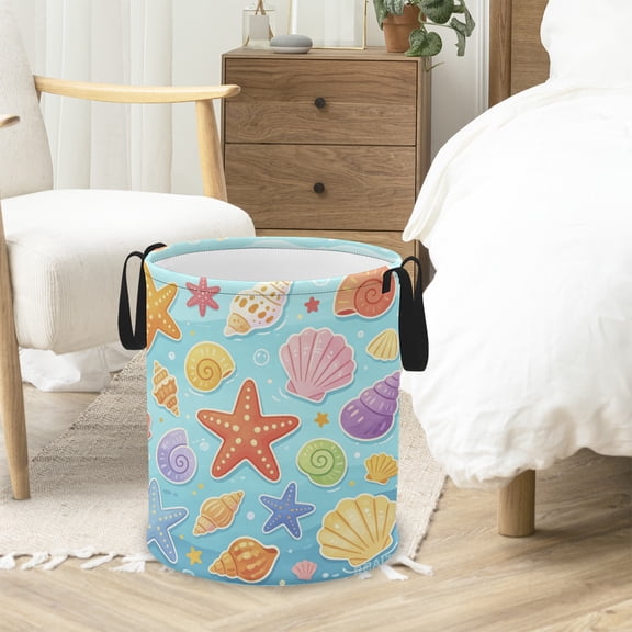 Starfish Seashell Laundry Basket, Foldable Waterproof Laundry Hamper Tote Bag Dirty Clothes Storage Bucket Organizer for Bathroom/Laundry/Bedroom 13.8*17.7IN