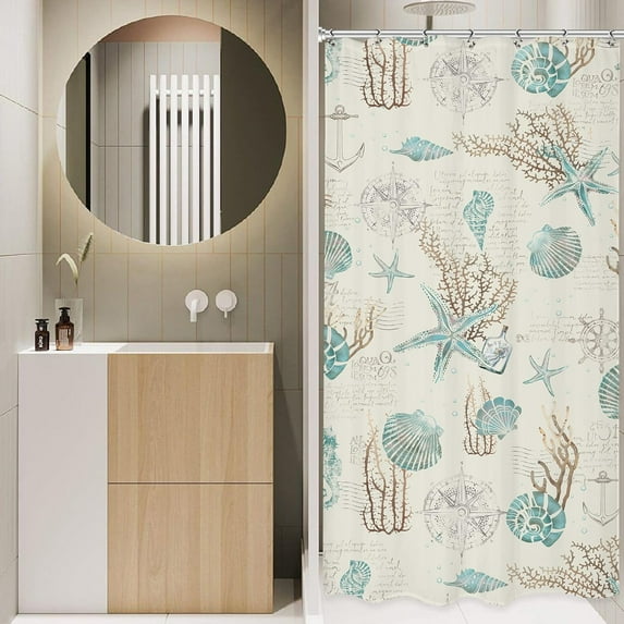 Starfish and Seashell Small Stall Shower Curtain 36Wx72H Inch Nautical Single Half RV Narrow Ocean Beach Coral Vintage Retro with 7 Plastic Hooks Fabric Waterproof Toilet Accessories Decor