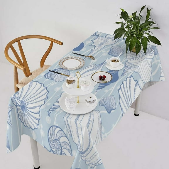 Starfish Seashell Tablecloth, Blue Coastal Nautical Tropical Summer Beach Theme Vintage Table Cloth for Home Kitchen Dining Patio Outdoor Picnic Party, Rectangle(60x84in)