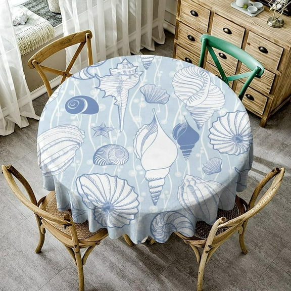 Starfish Seashell Tablecloth, Blue Coastal Nautical Tropical Summer Beach Theme Vintage Table Cloth for Home Kitchen Dining Patio Outdoor Picnic Party, Round(60x60in)