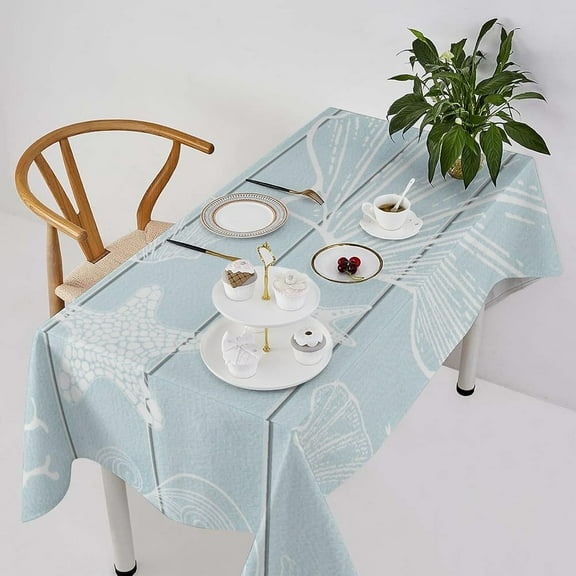 Starfish Seashell Tablecloth, Summer Beach Nautical Coastal Rustic Farmhouse Wooden Plank Blue Ocean Table Cloth Table Cover for Home Kitchen Dining Patio, Rectangle(60x120in)