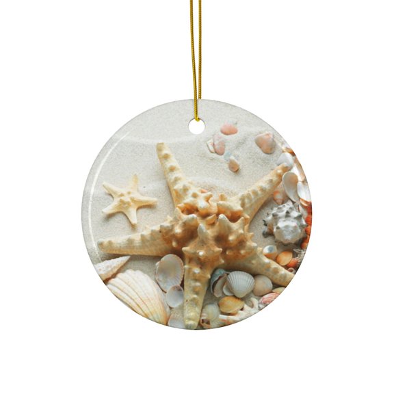 Starfish Seashells Christmas 2D FLAT CIRCLE Ceramic Ornament