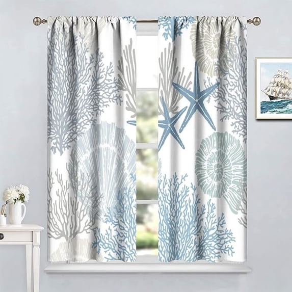 Starfish Seashells Curtains, Ocean Beach Theme Seashell Coral Home Decor Thermal Insulated Darkening Room Window Curtain For Living Room Bedroom Kitchen Bathroom 42"W x 63"L (Pack of 2)