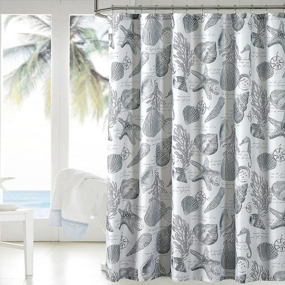 Starfish and Seashells Grey Bathroom Fabric Shower Curtain with Hooks,Decorative Bathroom Accessories,Water Proof,Reinforced Metal Grommets 72x72 Inches