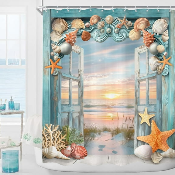 Starfish and Seashells Shower Curtain Beach Barn Door Ocean Coastal Sunset Scenery Rustic Seaside Landscape Teal Blue Sea Coral Nautical Bathroom Decor Fabric with Hooks-72"W x 72"L (Pack of 1)