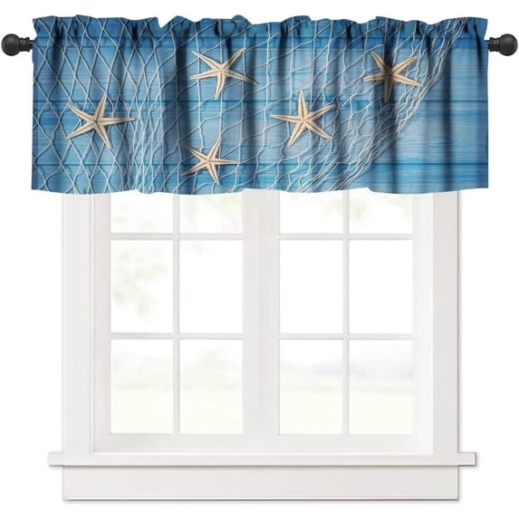 Starfish Seashells Window Valance, Ocean Nautical Rustic Retro Blue Wooden Board Starfish Fishing Net Blackout Valance Curtain for Living Room Kitchen Cafe, 54x18in