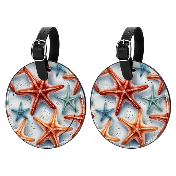 Starfish Set of 2pcs PU Leather Round Suitcase Tags with Privacy Cover and Name ID Tag - Ideal for Travel Luggage, Handbags, Backpacks, School Bags