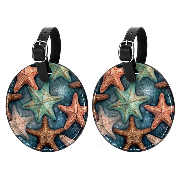 Starfish Set of 2pcs PU Leather Round Suitcase Tags with Privacy Cover and Name ID Tag - Ideal for Travel Luggage, Handbags, Backpacks, School Bags