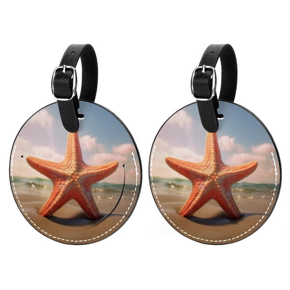 Starfish Set of 2pcs PU Leather Round Suitcase Tags with Privacy Cover and Name ID Tag - Ideal for Travel Luggage, Handbags, Backpacks, School Bags