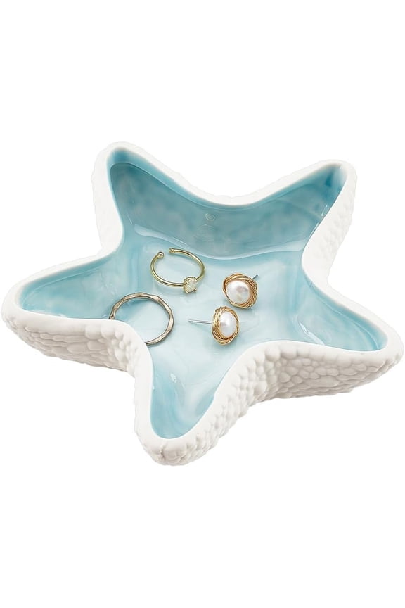 Starfish Shape Ceramic Jewelry Tray Aqua Shell Trinket Dish Ceramic Ring Earring Holder Ocean-themed Decorative Trinket Plate for Rings Earrings Necklaces Bracelet Jewelry Watch Keys Aqua 1pc