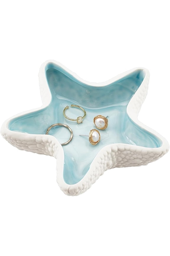 Aqua Shell Starfish Shape Ceramic Jewelry Tray