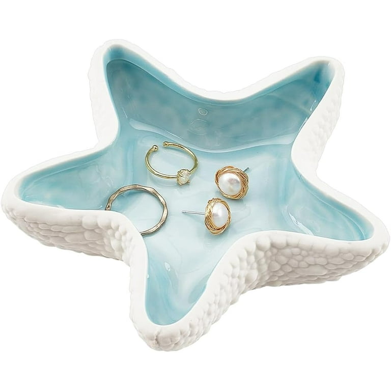 Starfish Shape Ceramic Jewelry Tray Aqua Shell Trinket Dish Ceramic Ring  Earring Holder Ocean-themed Decorative Trinket Plate for Rings Earrings  Necklaces Bracelet Jewelry Watch Keys 